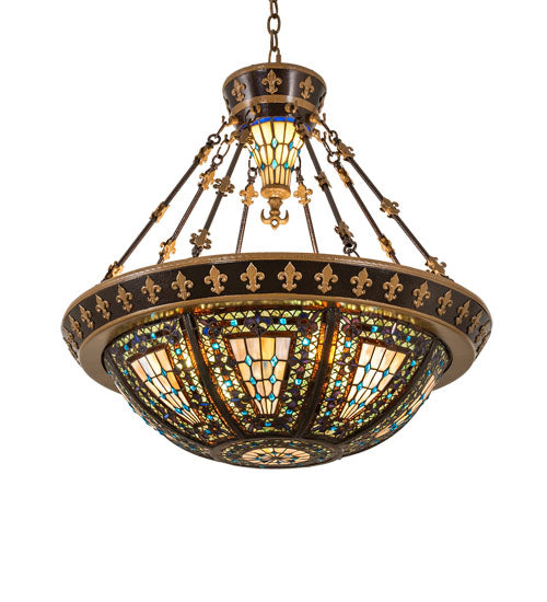 Meyda Lighting Fleur-de-lis 28" 6-Light Copper Vein & Gold Inverted Pendant Light With Multi-Colored Shade Glass