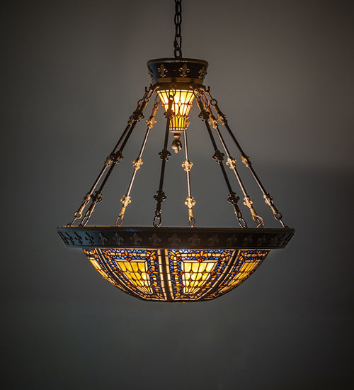 Meyda Lighting Fleur-de-lis 28" 6-Light Copper Vein & Gold Inverted Pendant Light With Multi-Colored Stained Shade Glass