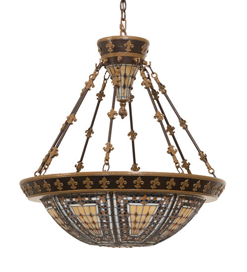 Meyda Lighting Fleur-de-lis 28" 6-Light Copper Vein & Gold Inverted Pendant Light With Multi-Colored Stained Shade Glass