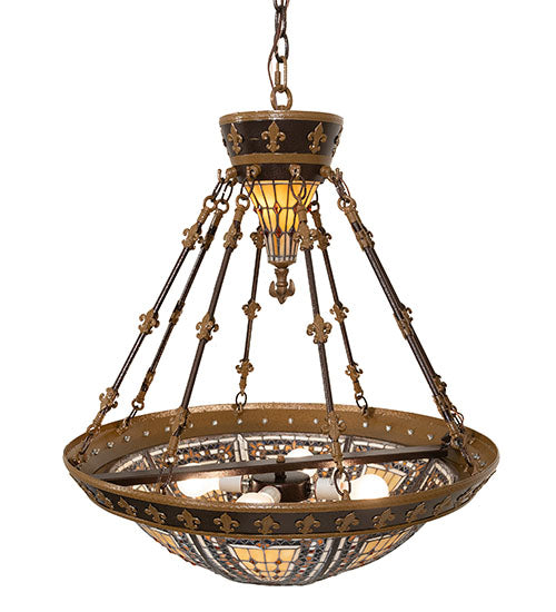 Meyda Lighting Fleur-de-lis 28" 6-Light Copper Vein & Gold Inverted Pendant Light With Multi-Colored Stained Shade Glass