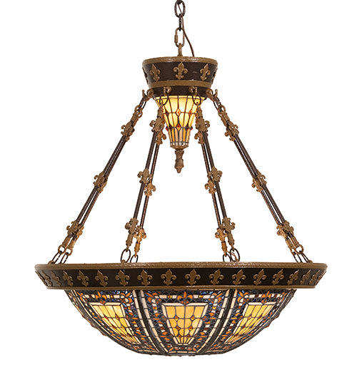 Meyda Lighting Fleur-de-lis 28" 6-Light Copper Vein & Gold Inverted Pendant Light With Multi-Colored Stained Shade Glass