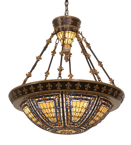 Meyda Lighting Fleur-de-lis 28" 6-Light Copper Vein & Gold Inverted Pendant Light With Multi-Colored Stained Shade Glass