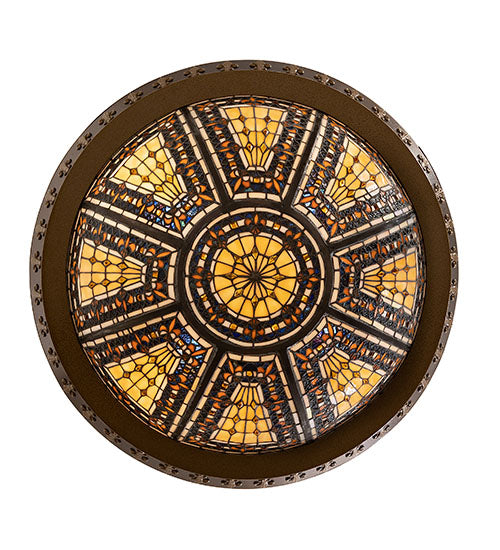 Meyda Lighting Fleur-de-lis 28" 6-Light Copper Vein & Gold Inverted Pendant Light With Multi-Colored Stained Shade Glass