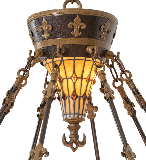Meyda Lighting Fleur-de-lis 28" 6-Light Copper Vein & Gold Inverted Pendant Light With Multi-Colored Stained Shade Glass