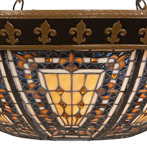 Meyda Lighting Fleur-de-lis 28" 6-Light Copper Vein & Gold Inverted Pendant Light With Multi-Colored Stained Shade Glass