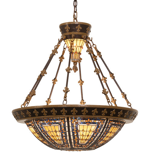 Meyda Lighting Fleur-de-lis 28" 6-Light Copper Vein & Gold Inverted Pendant Light With Multi-Colored Stained Shade Glass