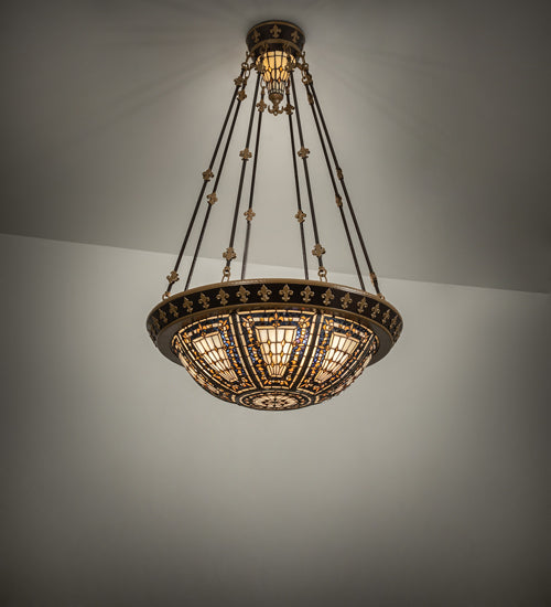 Meyda Lighting Fleur-de-lis 28" 6-Light Copper Vein & Gold Semi-flush Mount Light With Multi-Colored Shade Glass