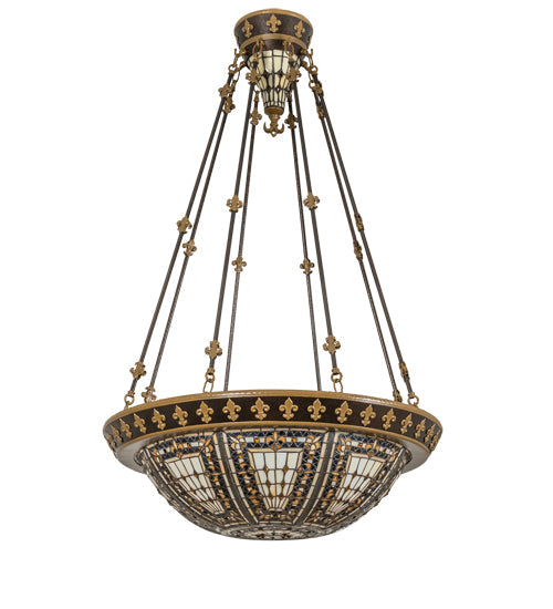 Meyda Lighting Fleur-de-lis 28" 6-Light Copper Vein & Gold Semi-flush Mount Light With Multi-Colored Shade Glass
