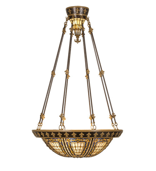 Meyda Lighting Fleur-de-lis 28" 6-Light Copper Vein & Gold Semi-flush Mount Light With Multi-Colored Shade Glass