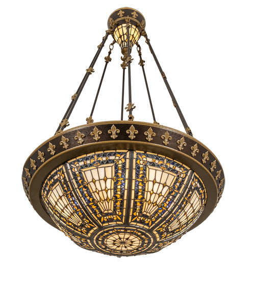 Meyda Lighting Fleur-de-lis 28" 6-Light Copper Vein & Gold Semi-flush Mount Light With Multi-Colored Shade Glass