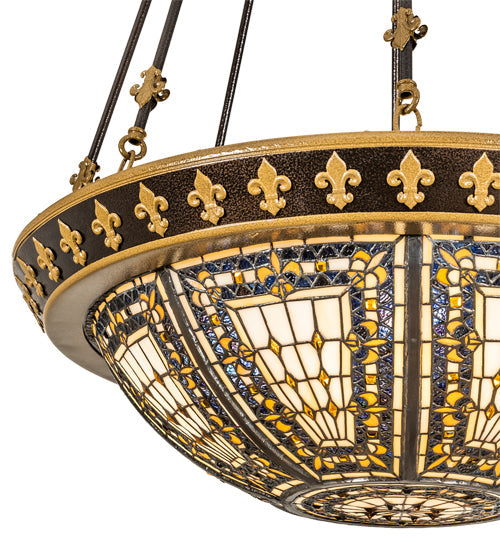 Meyda Lighting Fleur-de-lis 28" 6-Light Copper Vein & Gold Semi-flush Mount Light With Multi-Colored Shade Glass