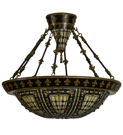 Meyda Lighting Fleur-de-lis 29" 6-Light Copper Vein & Gold Semi-flush Mount Ceiling Light With Multi-Colored Shade Glass