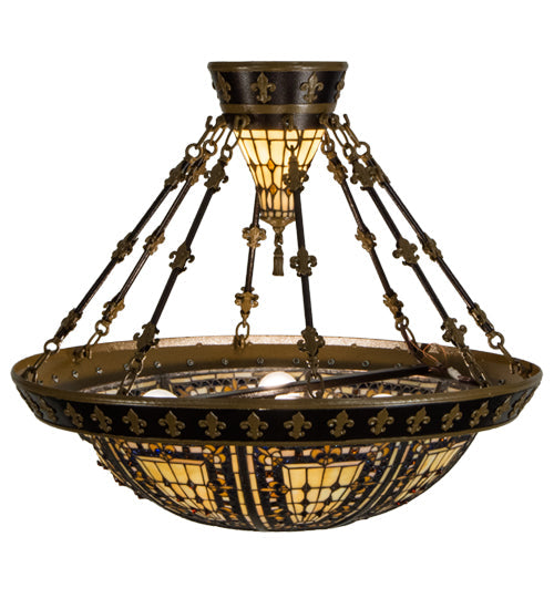 Meyda Lighting Fleur-de-lis 29" 6-Light Copper Vein & Gold Semi-flush Mount Ceiling Light With Multi-Colored Shade Glass
