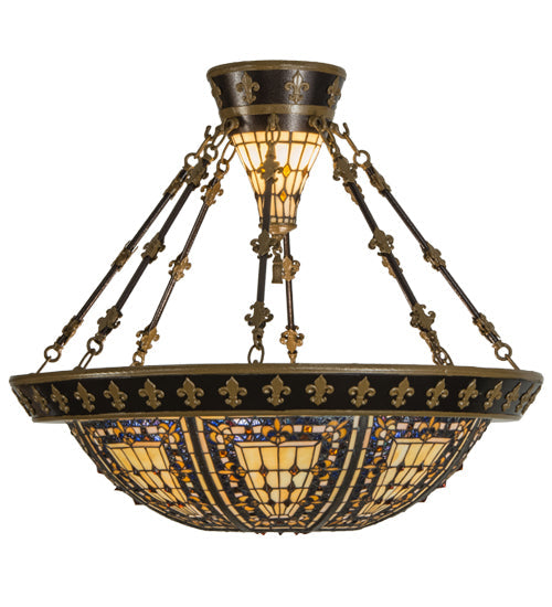 Meyda Lighting Fleur-de-lis 29" 6-Light Copper Vein & Gold Semi-flush Mount Ceiling Light With Multi-Colored Shade Glass