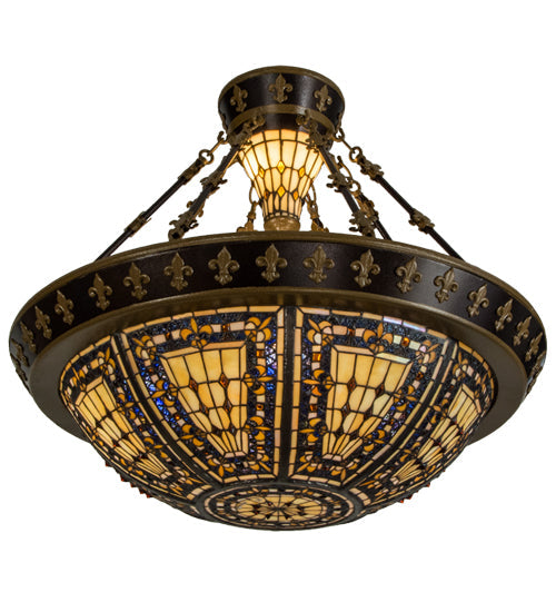 Meyda Lighting Fleur-de-lis 29" 6-Light Copper Vein & Gold Semi-flush Mount Ceiling Light With Multi-Colored Shade Glass