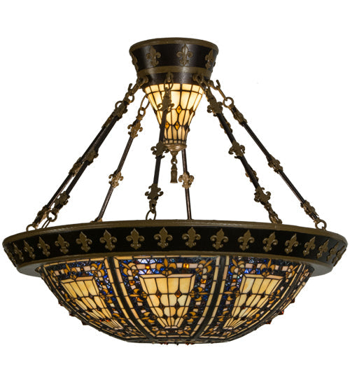 Meyda Lighting Fleur-de-lis 29" 6-Light Copper Vein & Gold Semi-flush Mount Ceiling Light With Multi-Colored Shade Glass
