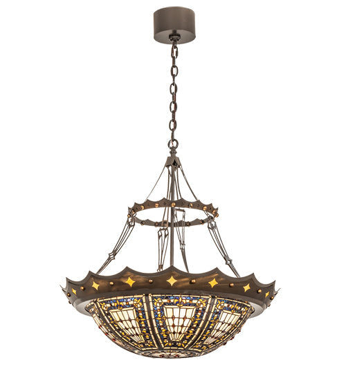 Meyda Lighting Fleur-de-lis 30" 4-Light Timeless Bronze & Antique Copper Pendant Light With Beige & Honey Amber Stained Shade Glass
