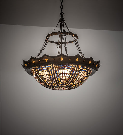 Meyda Lighting Fleur-de-lis 30" 4-Light Timeless Bronze & Antique Copper Pendant Light With Beige & Honey Amber Stained Shade Glass
