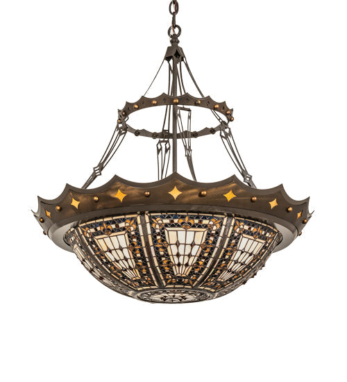 Meyda Lighting Fleur-de-lis 30" 4-Light Timeless Bronze & Antique Copper Pendant Light With Beige & Honey Amber Stained Shade Glass