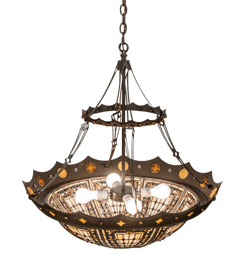 Meyda Lighting Fleur-de-lis 30" 4-Light Timeless Bronze & Antique Copper Pendant Light With Beige & Honey Amber Stained Shade Glass