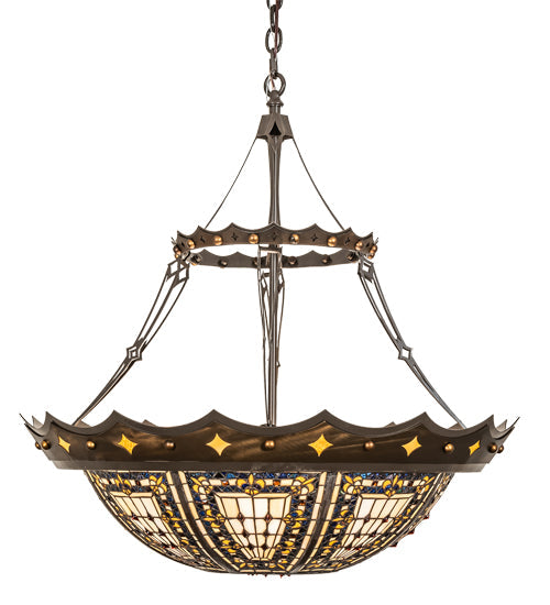 Meyda Lighting Fleur-de-lis 30" 4-Light Timeless Bronze & Antique Copper Pendant Light With Beige & Honey Amber Stained Shade Glass