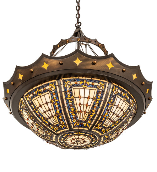 Meyda Lighting Fleur-de-lis 30" 4-Light Timeless Bronze & Antique Copper Pendant Light With Beige & Honey Amber Stained Shade Glass