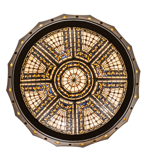 Meyda Lighting Fleur-de-lis 30" 4-Light Timeless Bronze & Antique Copper Pendant Light With Beige & Honey Amber Stained Shade Glass