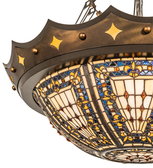 Meyda Lighting Fleur-de-lis 30" 4-Light Timeless Bronze & Antique Copper Pendant Light With Beige & Honey Amber Stained Shade Glass