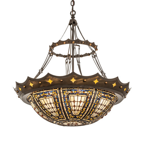 Meyda Lighting Fleur-de-lis 30" 4-Light Timeless Bronze & Antique Copper Pendant Light With Beige & Honey Amber Stained Shade Glass