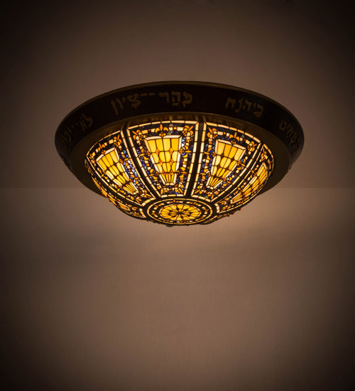 Meyda Lighting Fleur-de-lis 30" 6-Light Mahogany Bronze & Gold 3rd Seal of Solomon Flush Mount Light With Multi-Colored Shade Glass