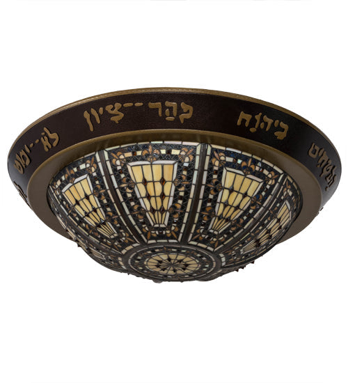 Meyda Lighting Fleur-de-lis 30" 6-Light Mahogany Bronze & Gold 3rd Seal of Solomon Flush Mount Light With Multi-Colored Shade Glass