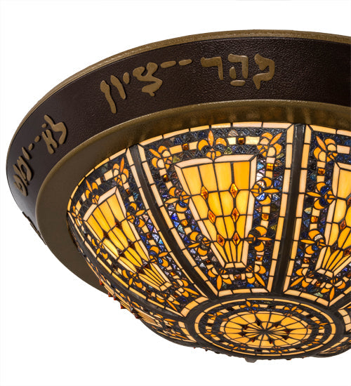Meyda Lighting Fleur-de-lis 30" 6-Light Mahogany Bronze & Gold 3rd Seal of Solomon Flush Mount Light With Multi-Colored Shade Glass