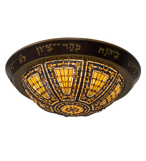 Meyda Lighting Fleur-de-lis 30" 6-Light Mahogany Bronze & Gold 3rd Seal of Solomon Flush Mount Light With Multi-Colored Shade Glass