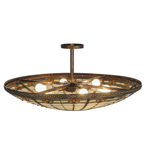 Meyda Lighting Fleur-de-lis 36" 6-Light Antique Copper Semi-flush Mount Ceiling Light With Multi-Colored Shade Glass