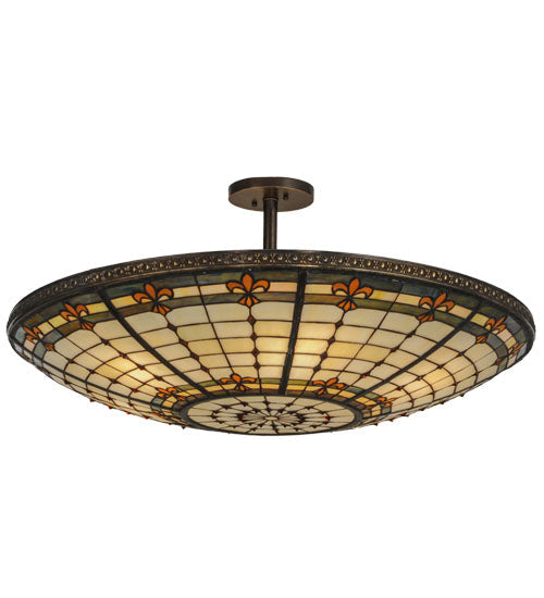 Meyda Lighting Fleur-de-lis 36" 6-Light Antique Copper Semi-flush Mount Ceiling Light With Multi-Colored Shade Glass