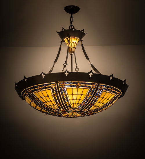 Meyda Lighting Fleur-de-lis 36" Timeless Bronze Ceiling Inverted Pendant Light With Multi-Colored Stained Shade Glass