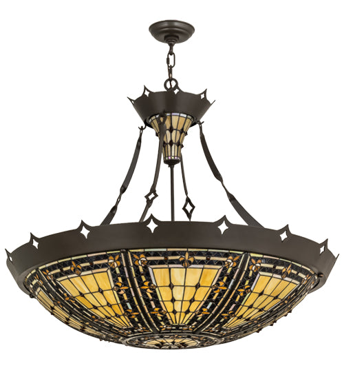 Meyda Lighting Fleur-de-lis 36" Timeless Bronze Ceiling Inverted Pendant Light With Multi-Colored Stained Shade Glass