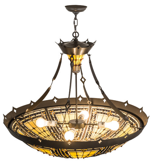 Meyda Lighting Fleur-de-lis 36" Timeless Bronze Ceiling Inverted Pendant Light With Multi-Colored Stained Shade Glass