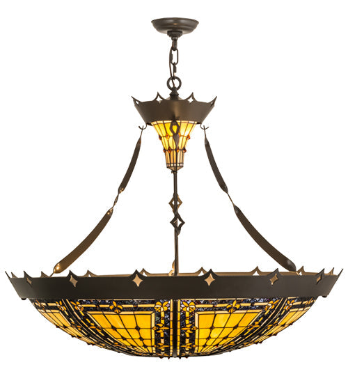 Meyda Lighting Fleur-de-lis 36" Timeless Bronze Ceiling Inverted Pendant Light With Multi-Colored Stained Shade Glass