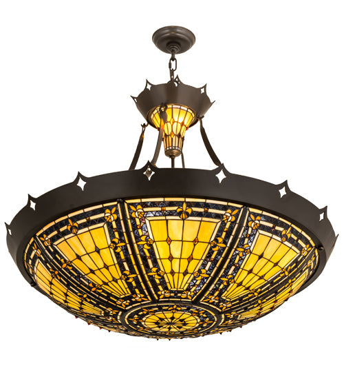 Meyda Lighting Fleur-de-lis 36" Timeless Bronze Ceiling Inverted Pendant Light With Multi-Colored Stained Shade Glass