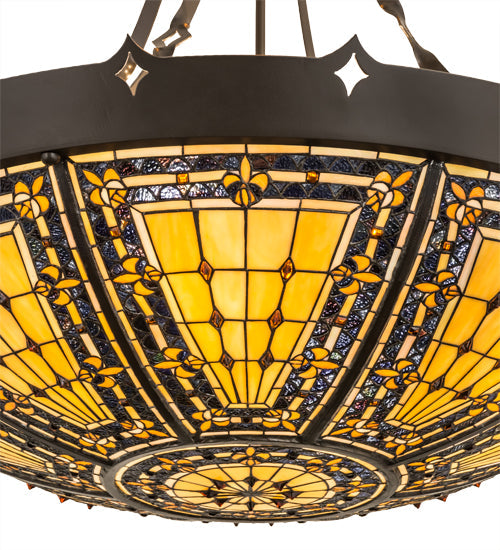 Meyda Lighting Fleur-de-lis 36" Timeless Bronze Ceiling Inverted Pendant Light With Multi-Colored Stained Shade Glass