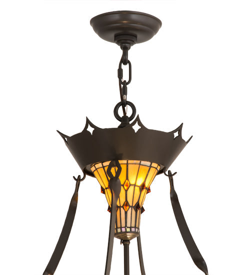 Meyda Lighting Fleur-de-lis 36" Timeless Bronze Ceiling Inverted Pendant Light With Multi-Colored Stained Shade Glass