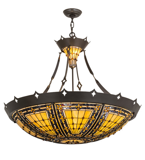 Meyda Lighting Fleur-de-lis 36" Timeless Bronze Ceiling Inverted Pendant Light With Multi-Colored Stained Shade Glass