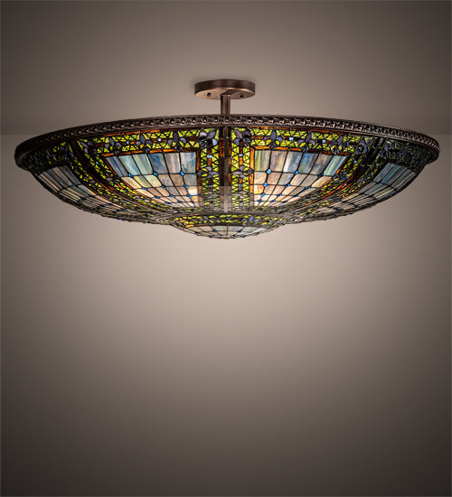 Meyda Lighting Fleur-de-lis 40" 6-Light Mahogany Bronze Semi-flush Mount Light With Multi-Colored Shade Glass