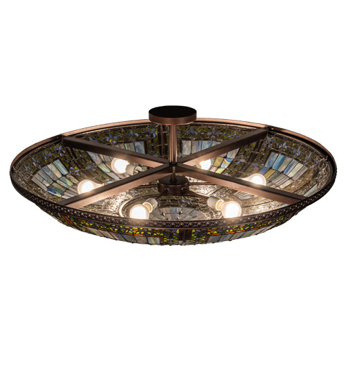 Meyda Lighting Fleur-de-lis 40" 6-Light Mahogany Bronze Semi-flush Mount Light With Multi-Colored Shade Glass