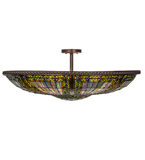 Meyda Lighting Fleur-de-lis 40" 6-Light Mahogany Bronze Semi-flush Mount Light With Multi-Colored Shade Glass