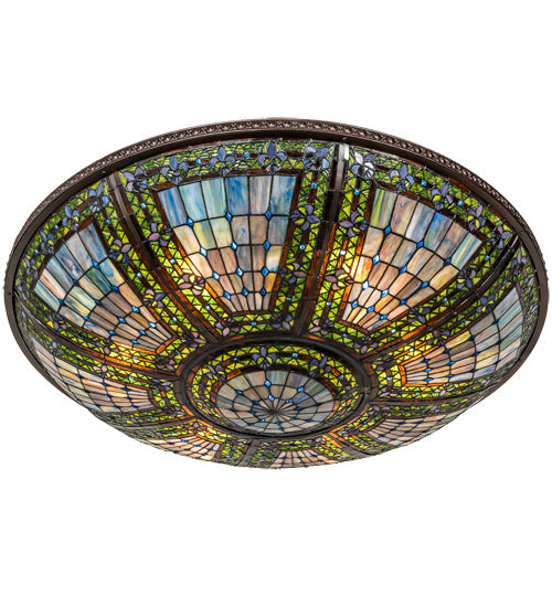 Meyda Lighting Fleur-de-lis 40" 6-Light Mahogany Bronze Semi-flush Mount Light With Multi-Colored Shade Glass