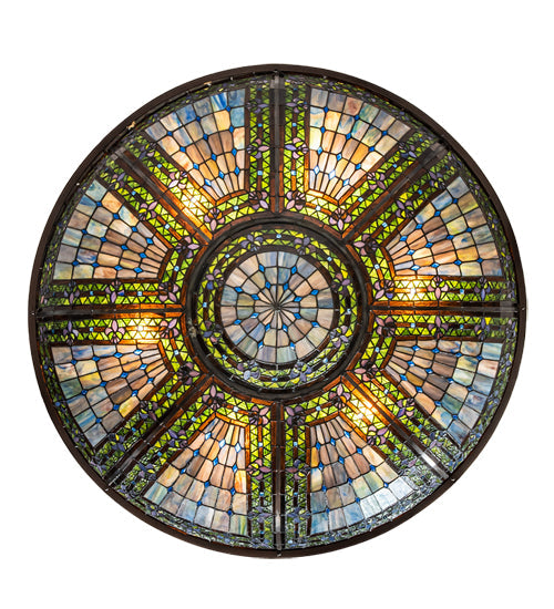 Meyda Lighting Fleur-de-lis 40" 6-Light Mahogany Bronze Semi-flush Mount Light With Multi-Colored Shade Glass
