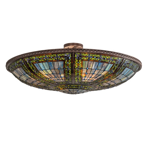 Meyda Lighting Fleur-de-lis 40" 6-Light Mahogany Bronze Semi-flush Mount Light With Multi-Colored Shade Glass