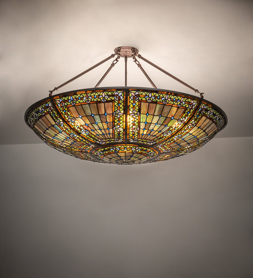 Meyda Lighting Fleur-de-lis 40" 8-Light Mahogany Bronze Semi-flush Mount Light With Multi-Colored Stained Shade Glass